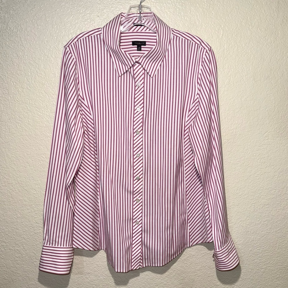 Talbots Pink White Striped Button Up Shirt Women’s 14 Preppy Classic